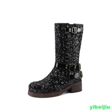 Western Women's Mid Calf Runway Boots Sequin Stage Bling Bling Round Toe Shoes