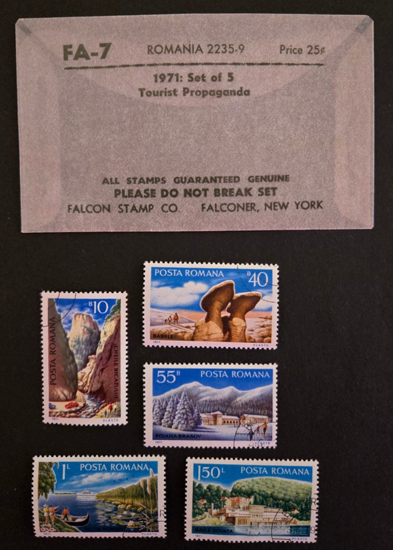 Romania 1971 Set of 5 stamps Tourist sites, includes glassine envelope STLC