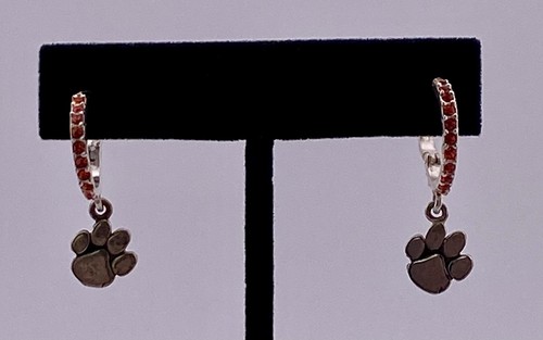VTG Thai / México Paw Print Hoop Earrings W/ Red Stones Set In Sterling Silver