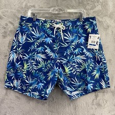 NWT Trunks Surf  Swim Men's Blue  White 6" Leaf Print Swim Trunks Shorts XL