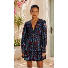 Farm Rio NEW Marcelle Black Mini Long Sleeve Dress, Med