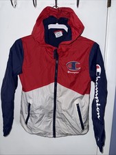 Champion Kids Medium 10/12 Windbreaker Zip Jacket Hooded Lined Red White Blue