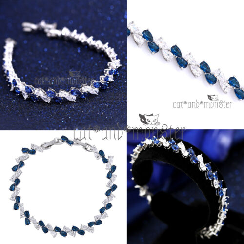 18K WHITE GOLD GF BLUE SAPPHIRE CRYSTAL SILVER VINTAGE WOMENS BANGLE BRACELET - Picture 1 of 6