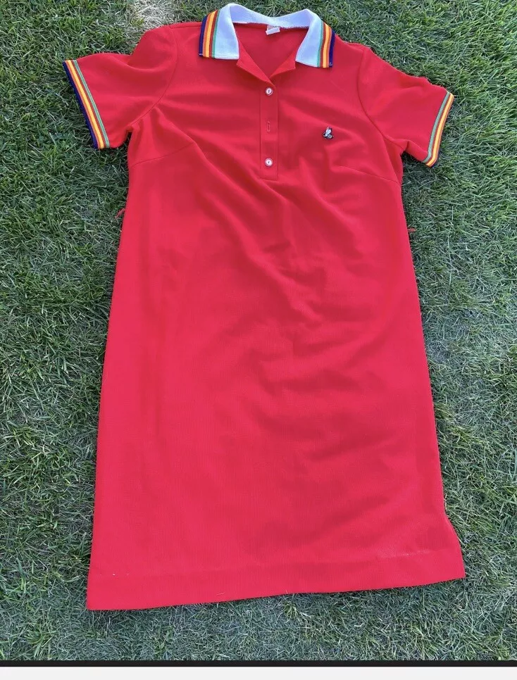 Robe chemise vintage en polyester rouge bootleg Gucci style abeille style polo avec arc en ciel