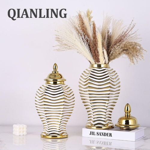 16.6" White and Gold Luxury Ceramic Ginger Jar Vase with Lid - Modern Ceramic... - Picture 5 of 7