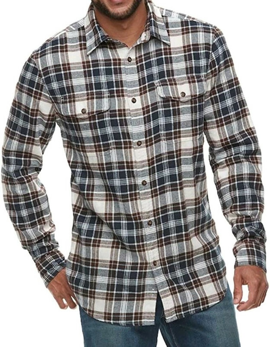 Mens Sonoma Soft Flannel Shirt Classic Fit Brown Plaid Long Sleeve