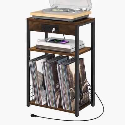 LELELINKY Brown Record Player Stand with Charging Station