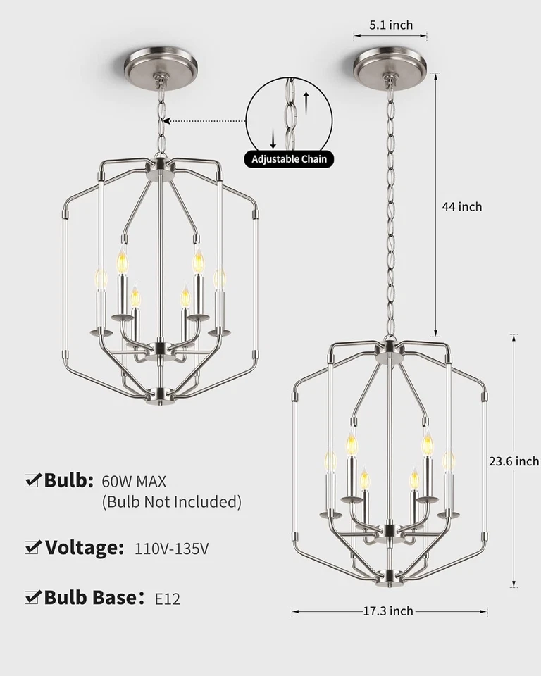 农舍枝形吊灯餐厅6灯拉丝镍现代吊坠灯 — 第 2/4 张图片