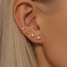 4 Piece Celestial Stud Earring Set Gold CZ Star Moon Sun Planet for Stacked Ears