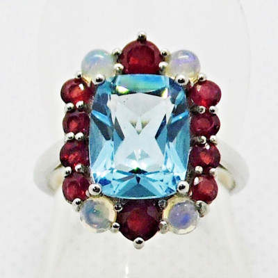 Sky Blautopas Feuer-Opal Rubin Ring 925 Silber 585 Weißgold vergoldet 18,1 mm 57