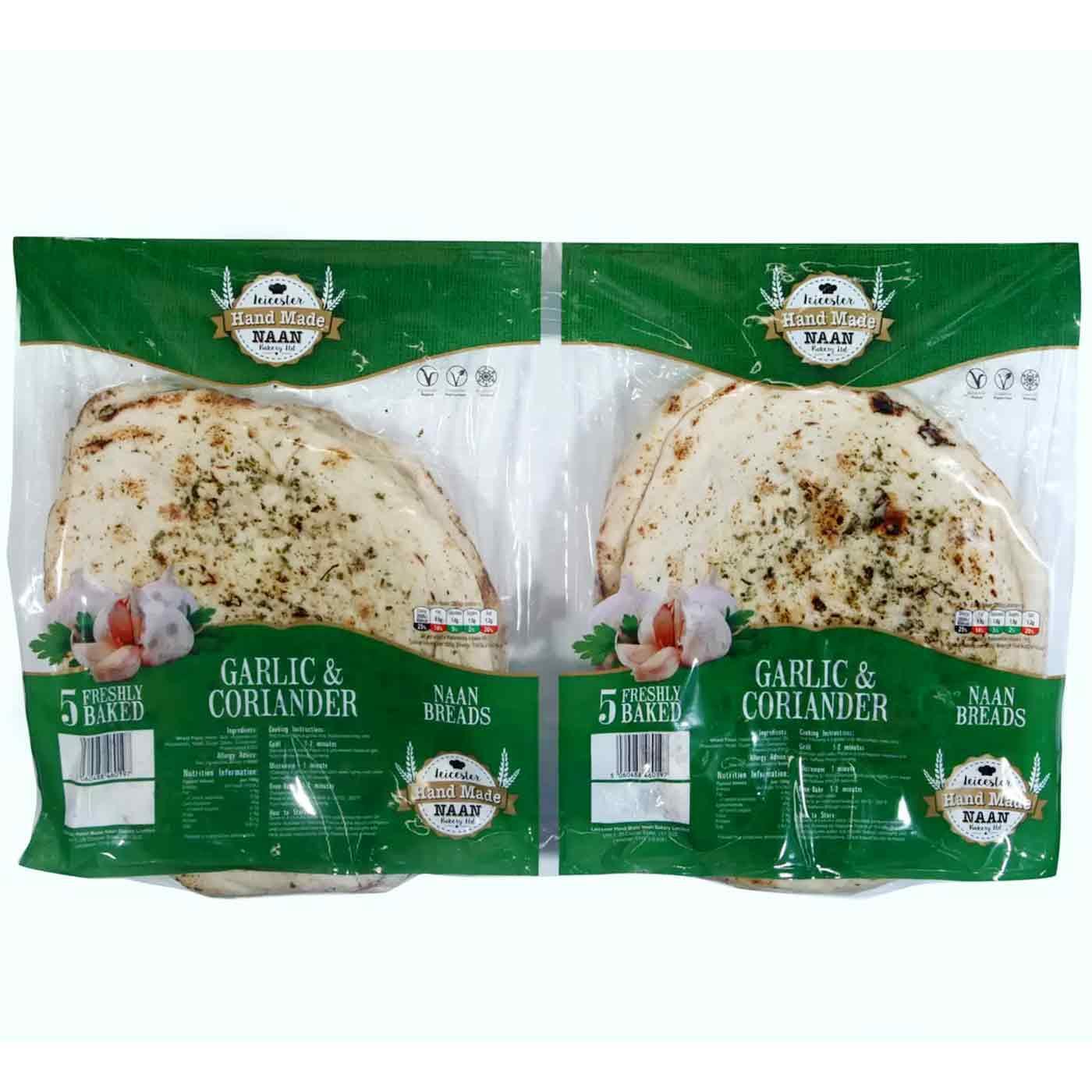 Leicester Handmade Garlic & Coriander Naans Bread Vegan Kosher Pack of 2 x 5 Pcs