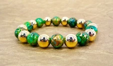 Green and gold painted glass bead bracelet with gold beads stretch bracelet New
