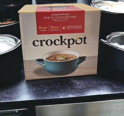 CrockPot 30 oz Stoneware Ceramic Two Tone Double Handle Soup Bowl Set Teal 2Pack