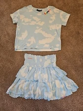 Fbz Girls Blue Cloud Print, 2 Piece Top&Skirt, Kids,Girls Size 10, From FRANCE