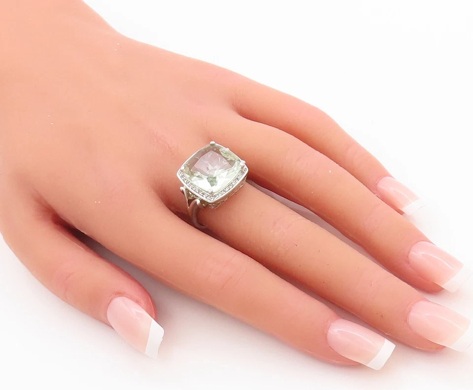 Anillo Vintage Plata de Ley 925 Cuadrado Verde Amatista Halo Diamante Talla 7 RG29864 Foto 3 de 4