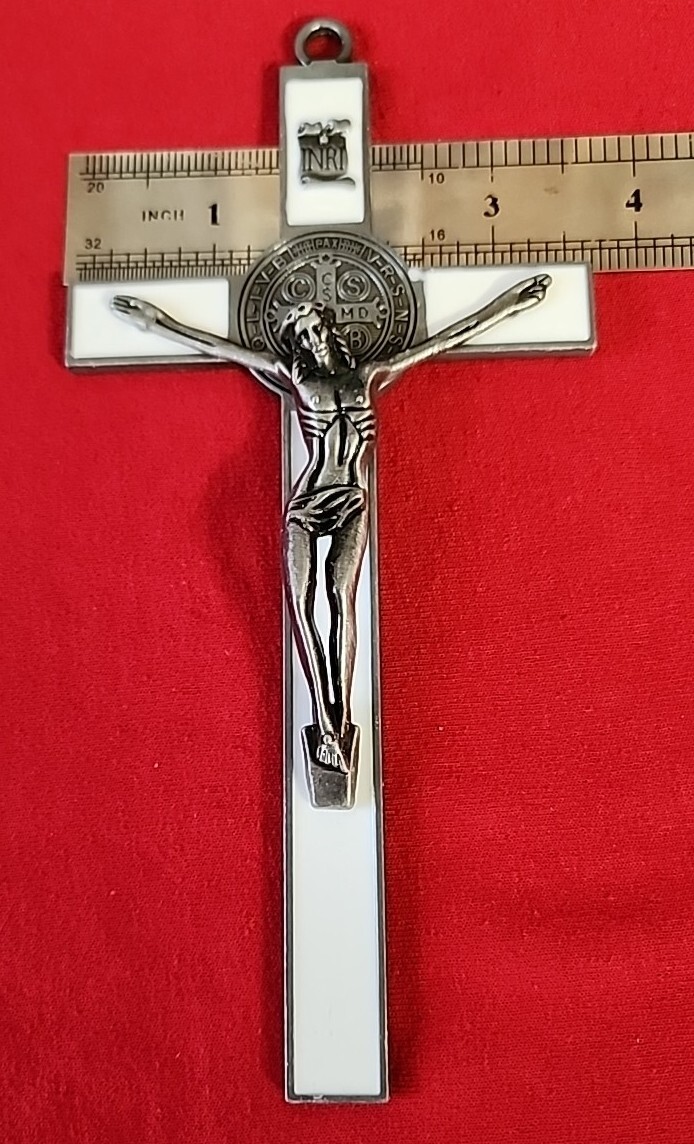 WHITE  Enamel metal  Wall Cross Saint Benedict  Crucifix 7×3.5 " new In Box 