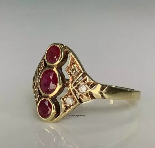 Edwardian 3CT Round Cut Red Ruby Women's Vintage Ring 14K Yellow Gold Plated