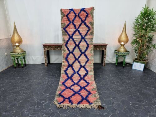 Moroccan Handmade Vintage Rug 2'2"x7'7" Berber Geometric Faded Red Blue Carpet - Afbeelding 1 van 12