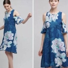 Anthropologie Maeve Elia Blue Floral Cold Shoulder Dress Size 0 Boho Party