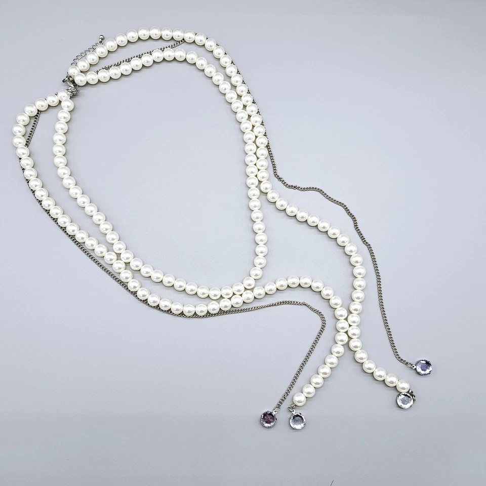 Faux Pearl Necklace Long Fringe Crystal Ends Ivory 10mm Bridal Special Occasion - Image 3 of 4