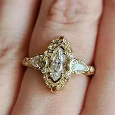 14K Yellow Gold Plated Lab-Created 2Ct Marquise Cut Diamond Women Wedding Ring