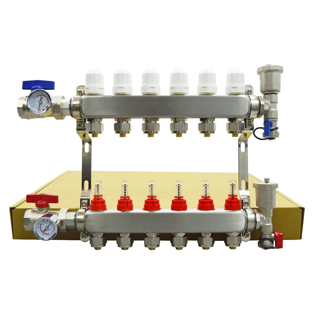 6-Branch PEX Floor Heating Manifold 304 Stainless Steel 1-95℃ 1.5MPa