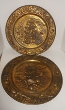 Vintage Hammered Brass Wall Plate England Nautical Tall Ships Scene 14" Tallship