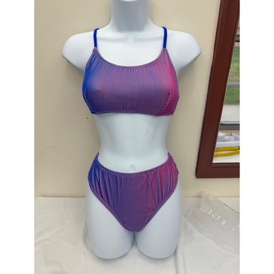 Has Times Bikini Set Women XL Blue Pink Striped High Waist 2 Piece Swimsuit NWT