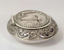 Antique c1890s Dutch Silver Snuff Box Repousse River Sailing Firm Click Shut Lid