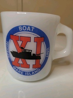 Vintage Mare Island Naval Shipyard Milk Glass Coffee Mug Special Boat Unit XI 