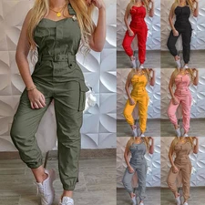 Womens Cargo Pocket Belted Jumpsuit Lady Casual Solid Rompers Playsuit Plus Size