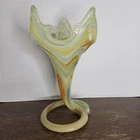 Vtg Hand Blown Murano Style Yellow/Blue Swirl Art Glass Trumpet Vase Coil Base