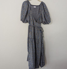 Old Navy Waist-Defined Floral Tie-Belt Midi Wrap Dress Puff Sleeve Blue 2X