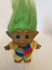 Vintage Ace Novelty Troll Doll Green Hair Green Eyes Orange Gem Corduroy Suit