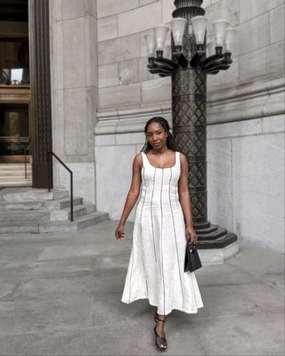 Massimo Dutti Linen White Black Piping Maxi Dress M