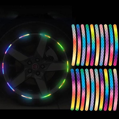 80PCS Rainbow Reflective Stripe Car Wheel Sticker Night Safety Warning Rim Decal