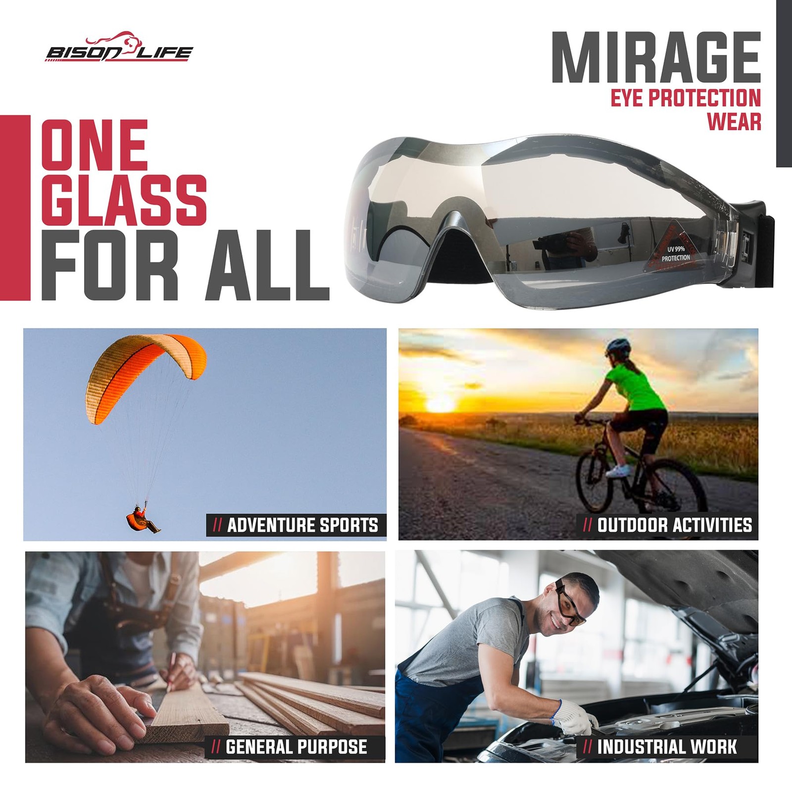 Mirage Vented Safety Goggles with Adjustable Elastic Band & Protective Pouch,...