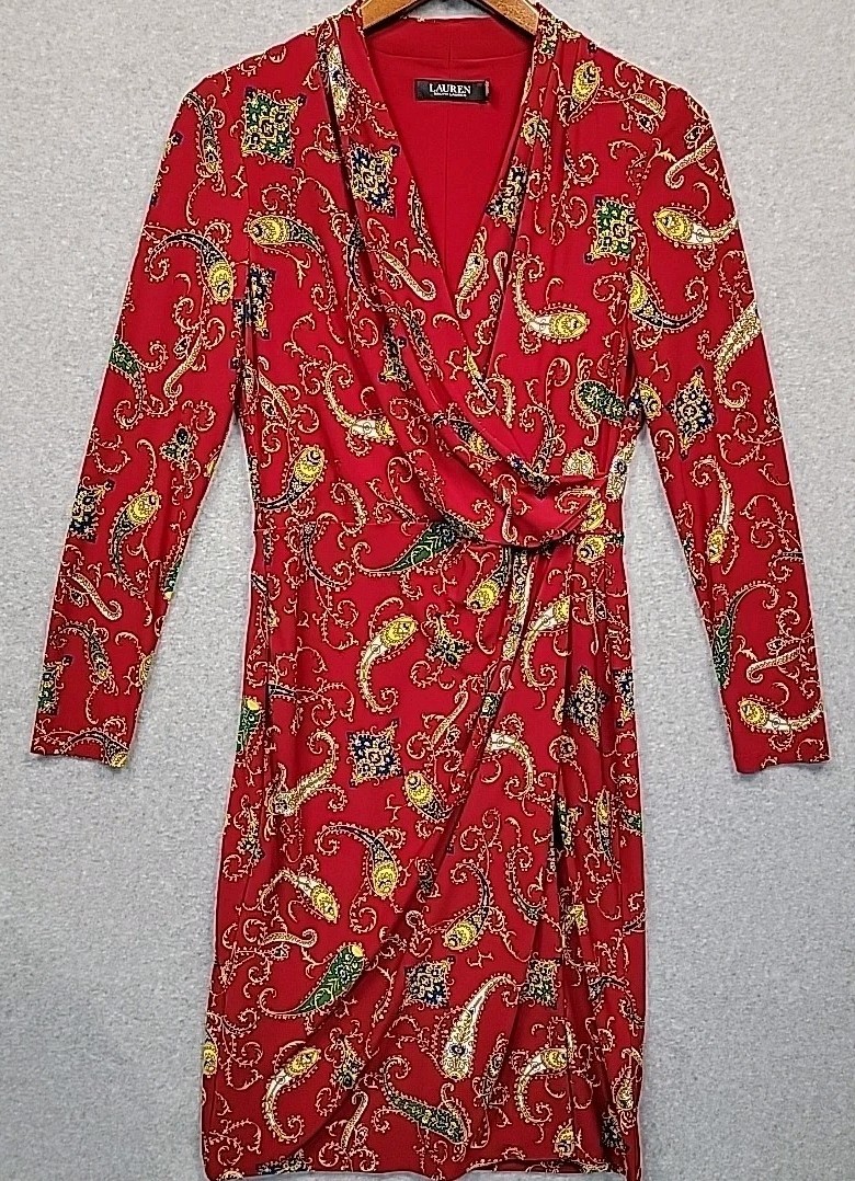 LAUREN RALPH LAUREN Paisley Pleated Surplice Faux Wrap Jersey Dress 6 Red  Blue