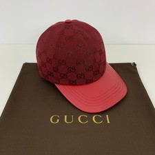 Gucci GG Monogram Logo Canvas & Leather Baseball Cap Hat Red Size M