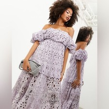 ASOS | Blouson Off Shoulder TieredEyelet Midi Dress In Lilac
