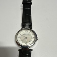 Michael Kors MK-5072 Women's Quartz Date Silver Dial Black Leather Strap