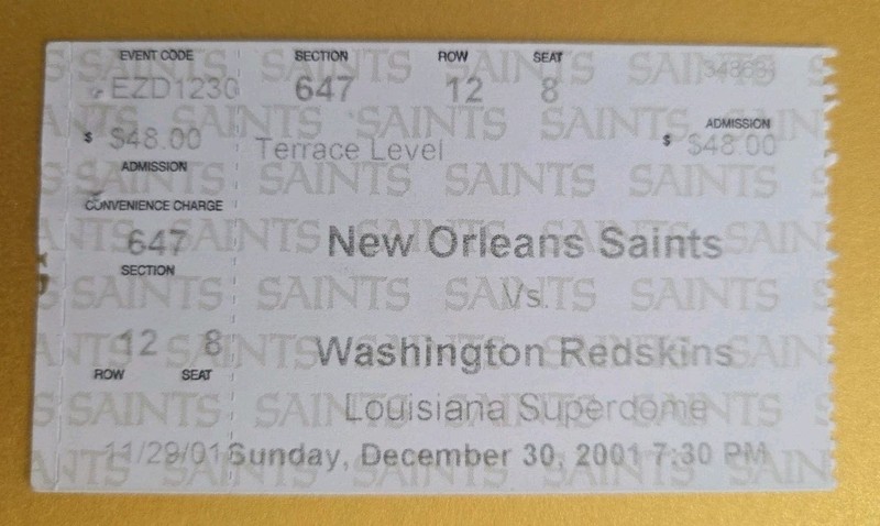 New Orleans Saints Washington Redskins Football Ticket 12/30 2001 Stephen Davis