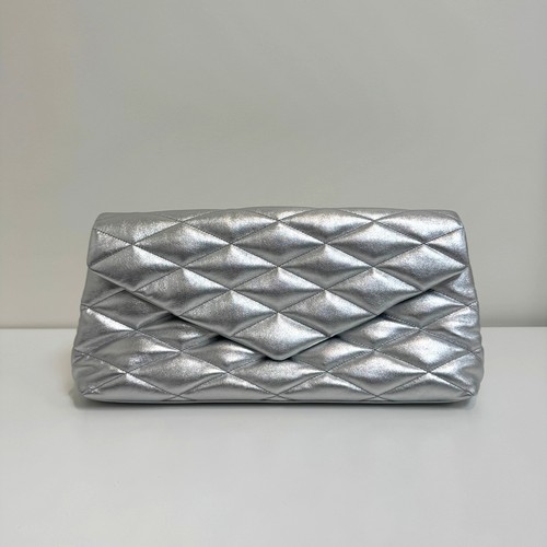Saint Laurent Sade Silver Quilted Leather Puffer Clutch YSL Metallic Handbag