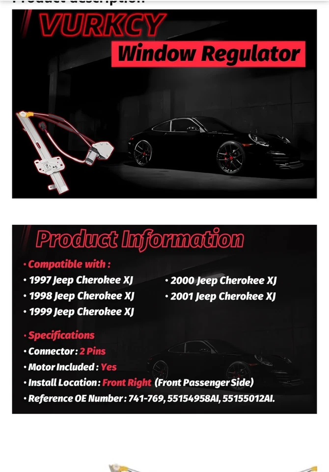 Front Right Power Window Lift Regulator with Motor Jeep Cherokee XJ 1997 1998 - Image 4 of 4