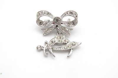 Vintage Ora Silver Tone Plate Bow Brooch w/Shriners Crescent Dangle