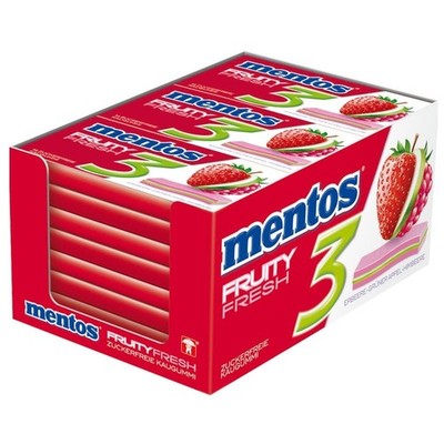 (30,73 /1kg) Mentos 3 Gum Fruity Fresh Erdbeer Apfel Himbeer 12 Packungen