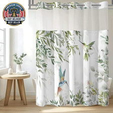 No Hook Shower Curtain with Snap in Liner Set, Green Hummingbird Eucalyptus Desi