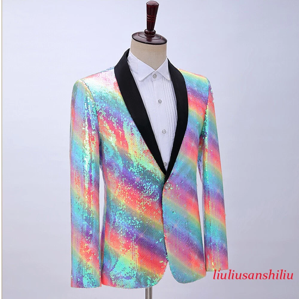 Men Suit Blazer Rainbow Glitter Sequin Jacket Dress Party Dance Costume Slim Fit