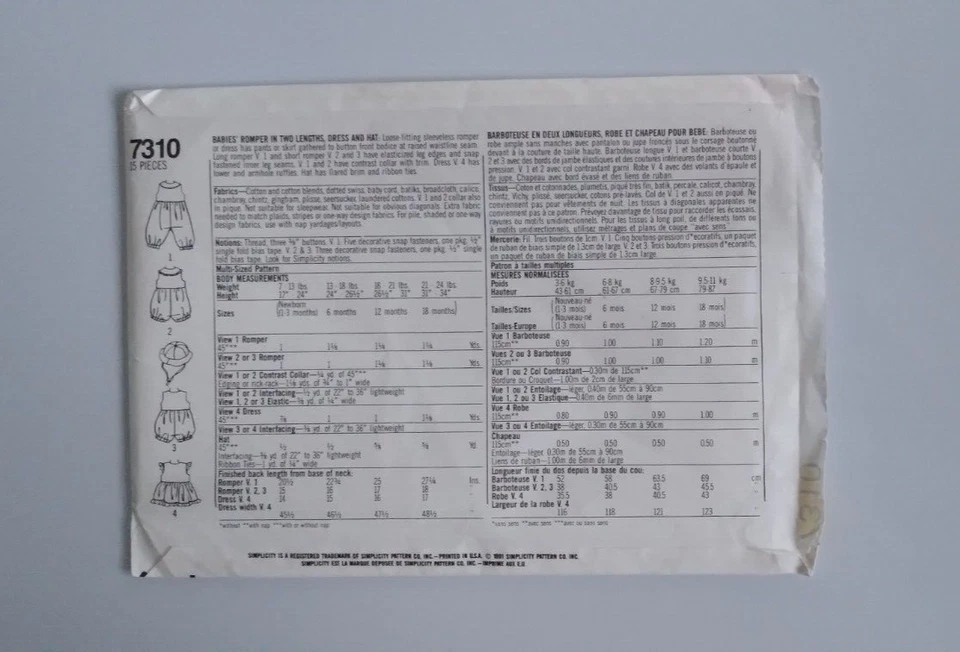 SIMPLICITY #7310 GIRLS SIZES NB - 18MOS DRESS ROMPER & HAT PATTERN UNCUT - Image 2 of 4