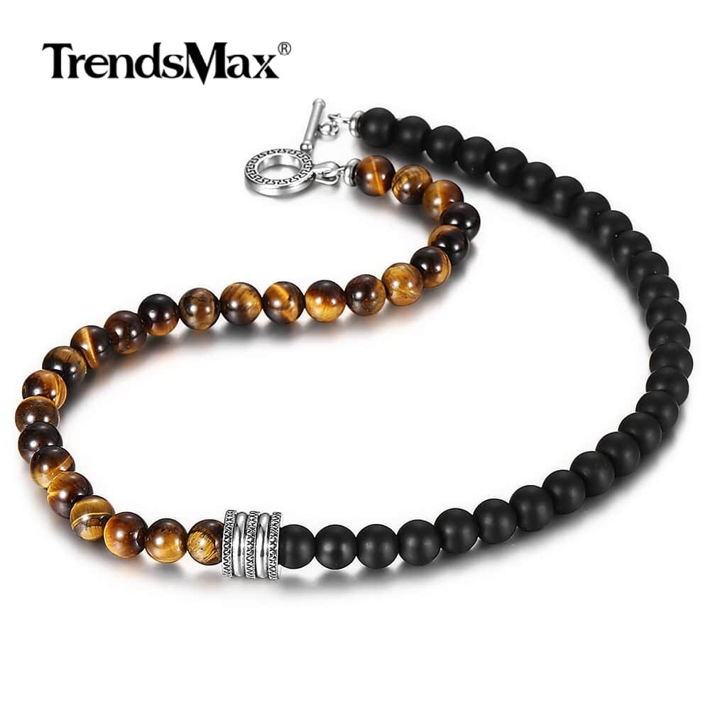 8mm Red Tiger Eye & Black Glass Bead Choker Necklace - Stainless Steel Toggle Closure